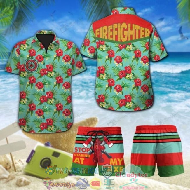 Firefighter Tropical Hibiscus Hawaiian Shirt And Shorts - Hot Sale 2025