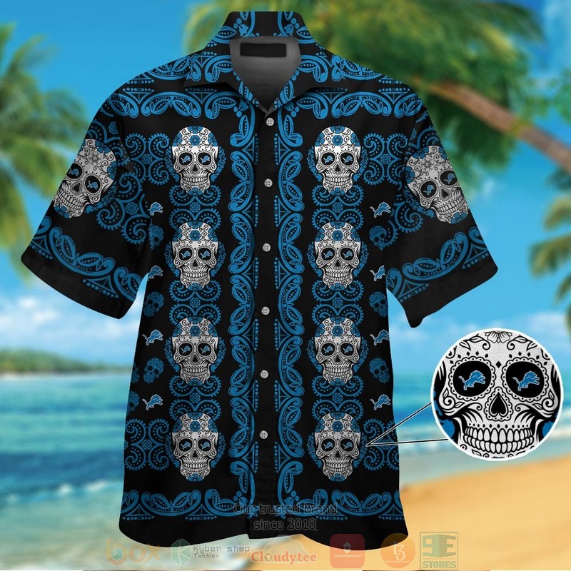 Detroit Lions Sugar Skull Black Blue Hawaiian Shirt And Shorts - Hot Sale 2025