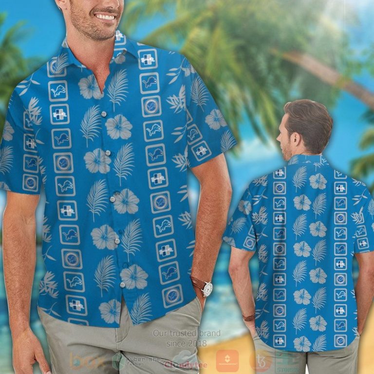 Detroit Lions Logo Tropical Plant Blue Hawaiian Shirt And Shorts - Hot Sale 2025