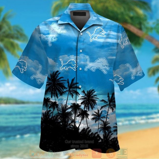 Detroit Lions Palm Tree Blue Black Hawaiian Shirt And Shorts - Hot Sale 2025