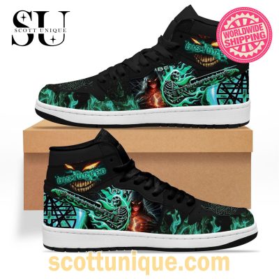 Disturbed Skull Fire Black Nike Air Jordan 1 High Top Sneakers -Soulcals.com
