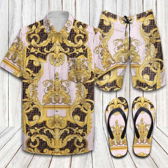 Fendi Versace Print 2022 Hawaiian Shirt Beach Shorts and Flip Flops Combo