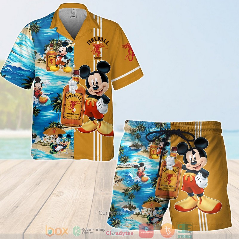 Fireball Cinnamon Whisky Mickey Mouse On The Beach 3D Hawaiian Shirt, Short - Hot Sale 2025