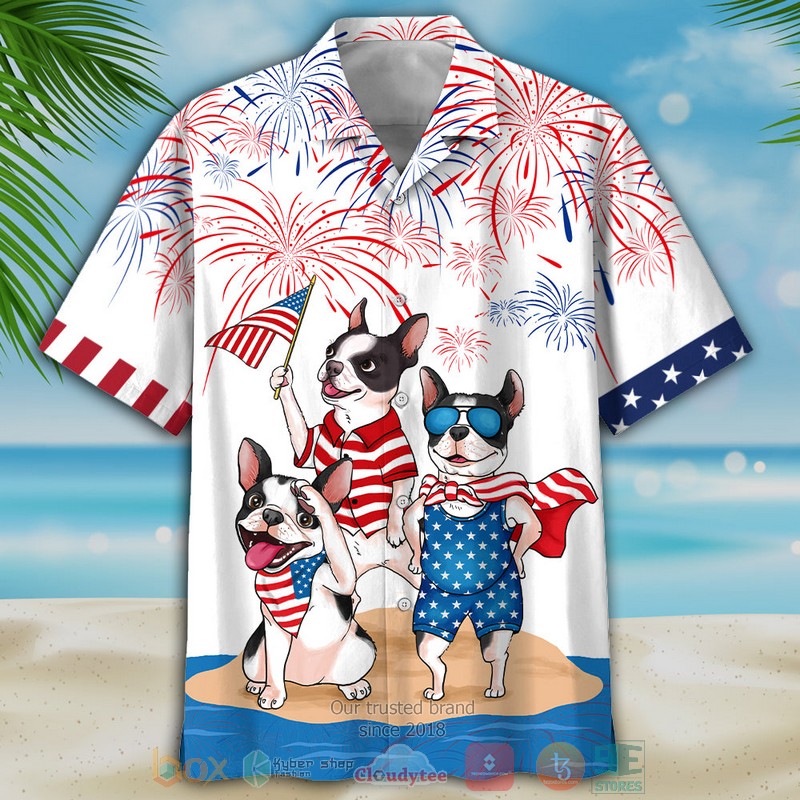 French Bulldog Firework Independence In Comping White Hawaiian Shirt, Shorts - Hot Sale 2025