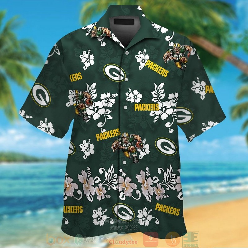 Green Bay Packers Logo White Hibiscus Green Hawaiian Shirt And Shorts - Hot Sale 2025