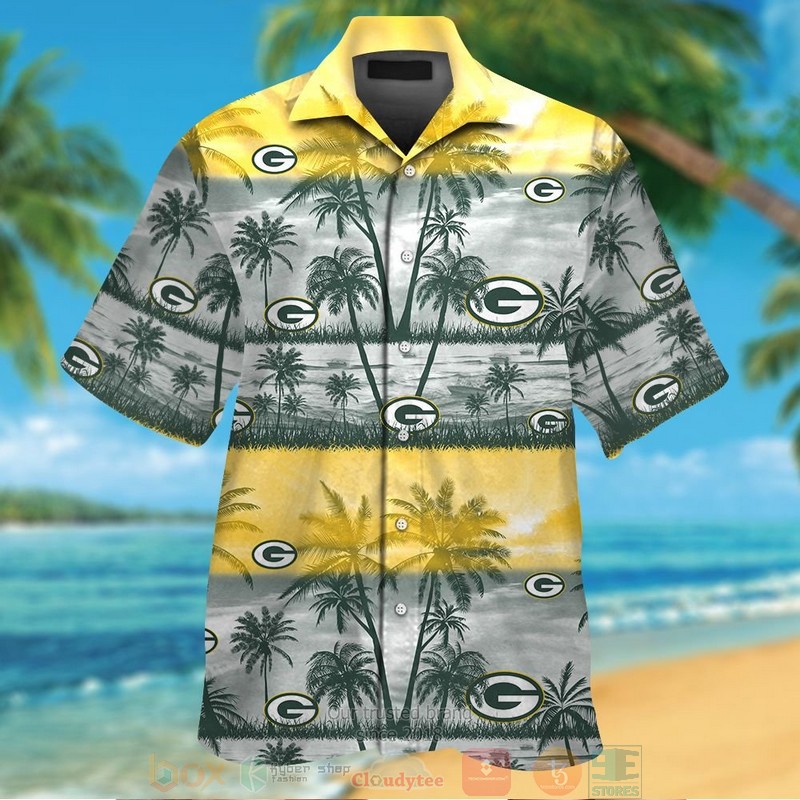 Green Bay Packers Palm Tree Yellow Grey Hawaiian Shirt And Shorts - Hot Sale 2025 Green Bay Packers Palm Tree Yellow Grey Hawaiian Shirt And Shorts - Hot Sale 2025