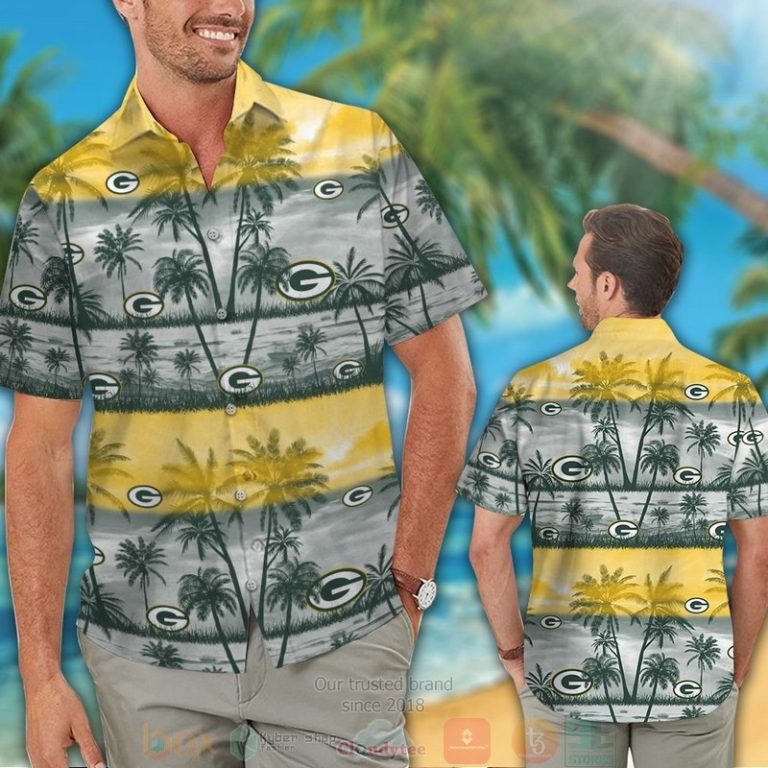 Green Bay Packers Palm Tree Yellow Grey Hawaiian Shirt And Shorts - Hot Sale 2025 Green Bay Packers Palm Tree Yellow Grey Hawaiian Shirt And Shorts - Hot Sale 2025