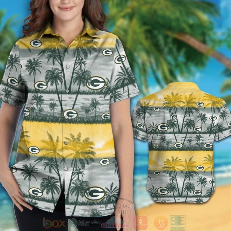 Green Bay Packers Palm Tree Yellow Grey Hawaiian Shirt And Shorts - Hot Sale 2025 Green Bay Packers Palm Tree Yellow Grey Hawaiian Shirt And Shorts - Hot Sale 2025