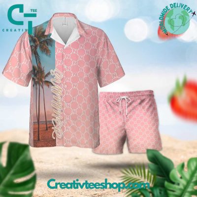 Gucci Pink "Sunset On The Beach" Summer 2024 Hawaiian Set - Teesmith