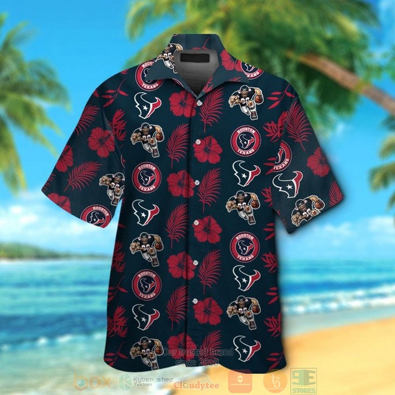 Houston Texans Logo Hibiscus Red Dark Blue Hawaii Shirt, Shorts - Hot Sale 2025