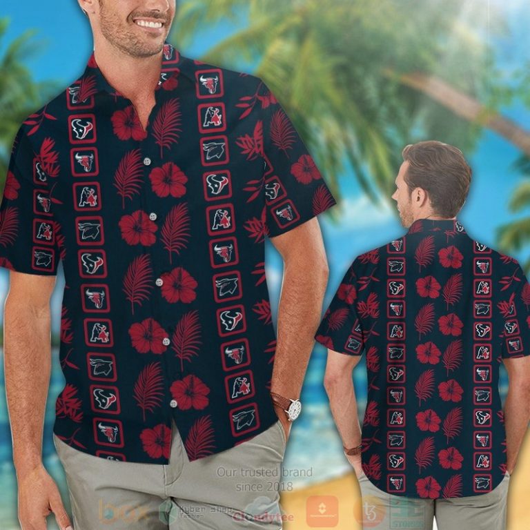 Houston Texans Logo Red Hibiscus Hawaiian Shirt And Shorts - Hot Sale 2025