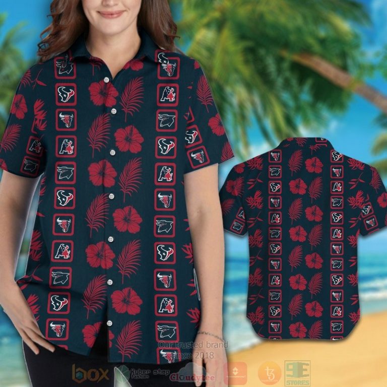 Houston Texans Logo Red Hibiscus Hawaiian Shirt And Shorts - Hot Sale 2025