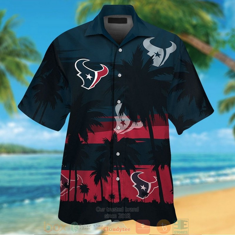 Houston Texans Palm Tree Dark Blue Red Hawaiian Shirt And Shorts - Hot Sale 2025