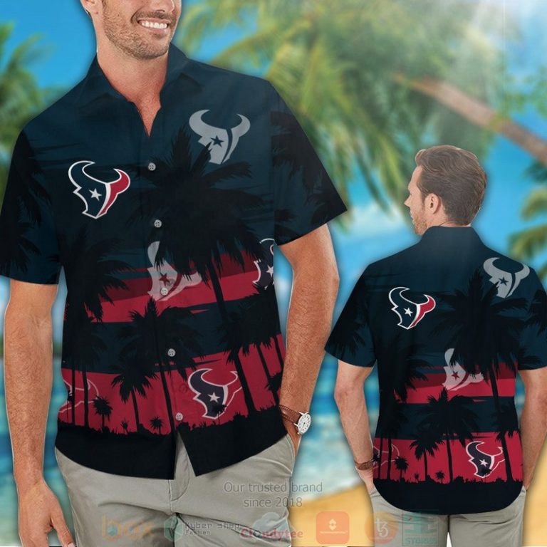 Houston Texans Palm Tree Dark Blue Red Hawaiian Shirt And Shorts - Hot Sale 2025