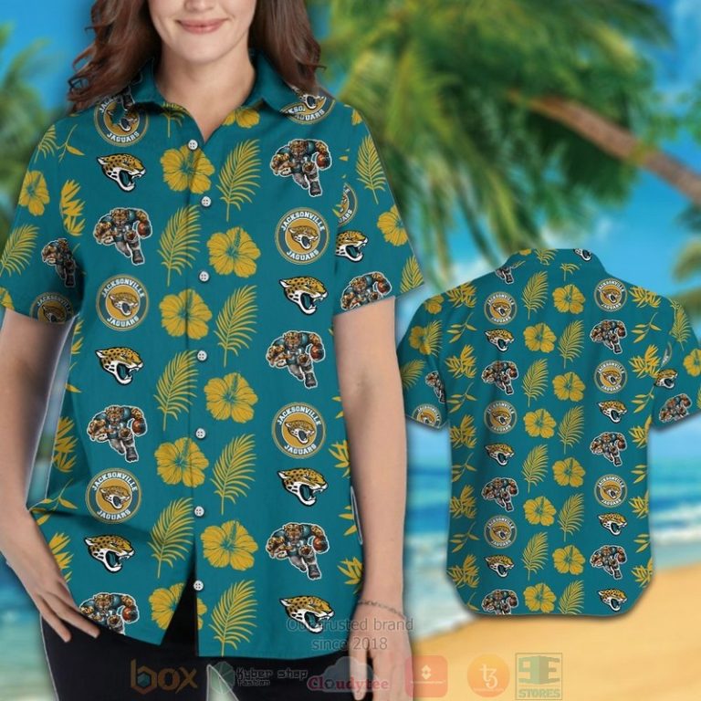 Jacksonville Jaguars Logo Hibiscus Gold Teal Hawaii Shirt, Shorts - Hot Sale 2025