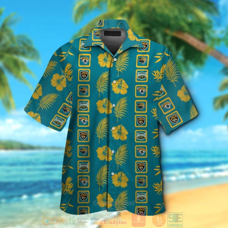 Jacksonville Jaguars Logo Gold Hibiscus Teal Hawaiian Shirt And Shorts - Hot Sale 2025