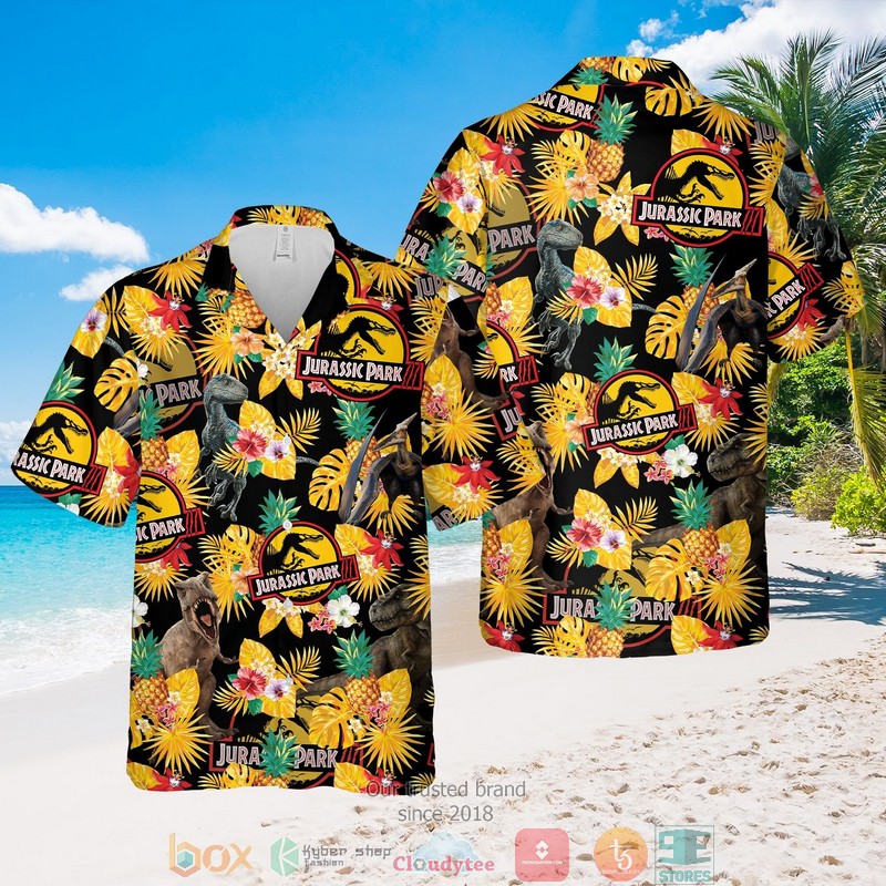 Jurassic Park Dinosaurs Pineapple Tropcial Plant Black Hawaiian Shirt, Shorts - Hot Sale 2025