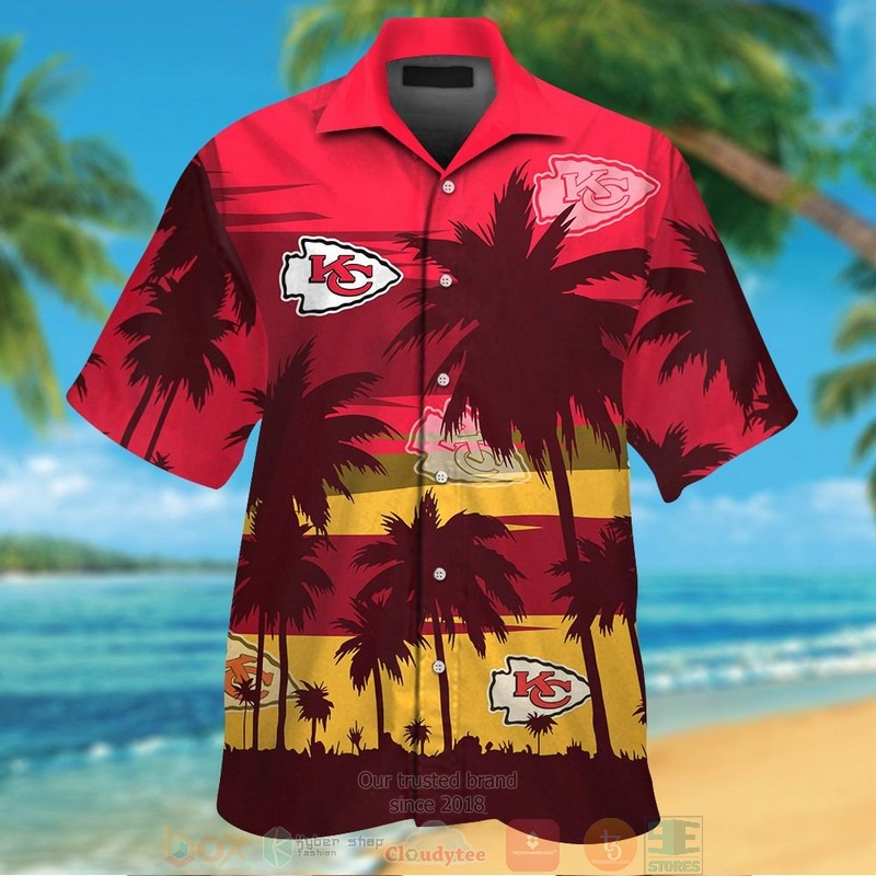 Kansas City Chiefs Palm Tree Dark Red Hawaiian Shirt And Shorts - Hot Sale 2025