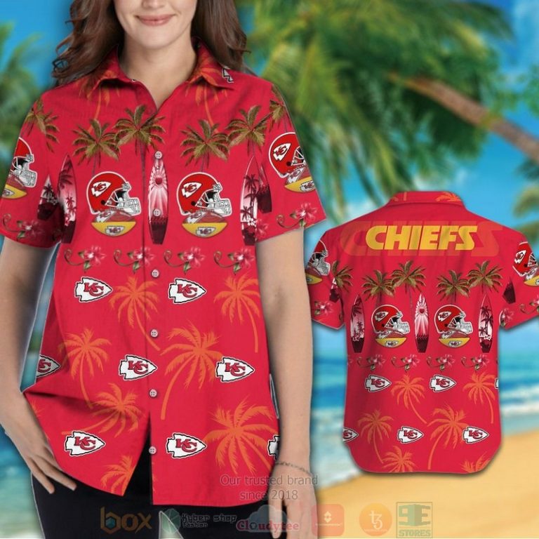 Kansas City Chiefs Surfboard Palm Tree Hawaiian Shirt And Shorts - Hot Sale 2025