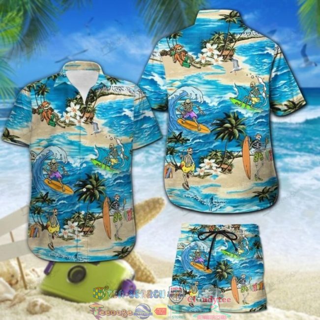 Skeleton Surfing Palm Tree Hawaiian Shirt And Shorts - Hot Sale 2025