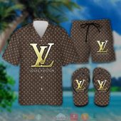 Louis Vuitton Gold Yellow Brown Hawaiian Shirt And Short - Hot Sale 2025