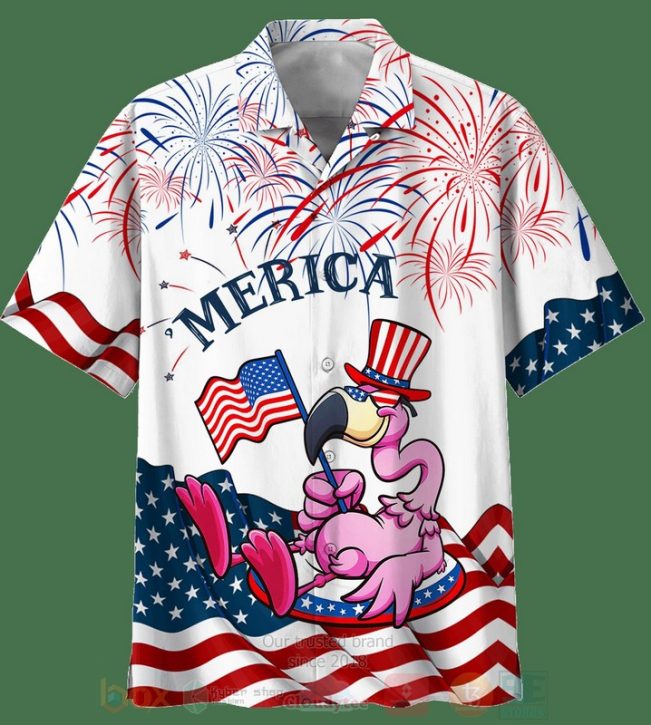 Merica Us Flag Flamingo White Hawaiian Shirt, Short - Hot Sale 2025