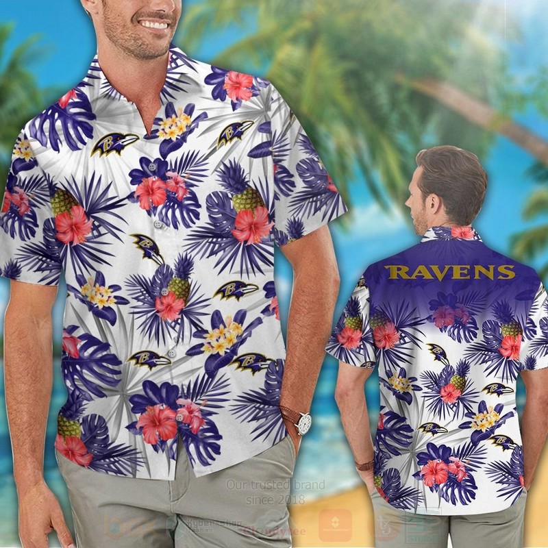 Nfl Baltimore Ravens White-Red Hibiscus Flowers Hawaiian Shirt, Short - Hot Sale 2025