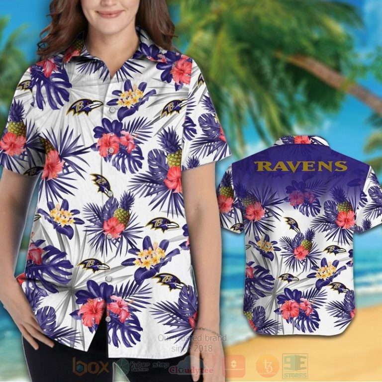 Nfl Baltimore Ravens White-Red Hibiscus Flowers Hawaiian Shirt, Short - Hot Sale 2025