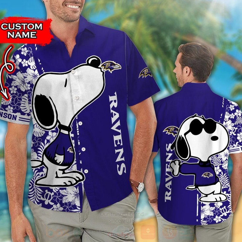 Nfl Baltimore Ravens And Snoopy Custom Name Hawaiian Shirt, Short - Hot Sale 2025