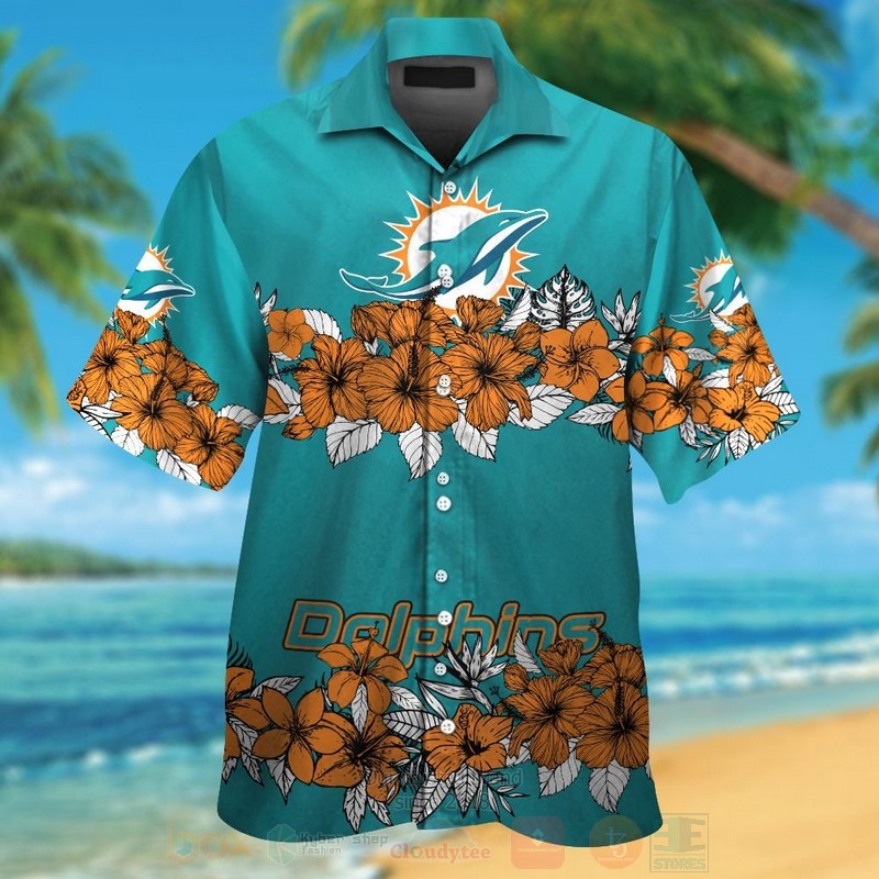 Nfl Miami Dolphins Aqua Green-Orange Hiibscus Flower Hawaiian Shirt, Short - Hot Sale 2025