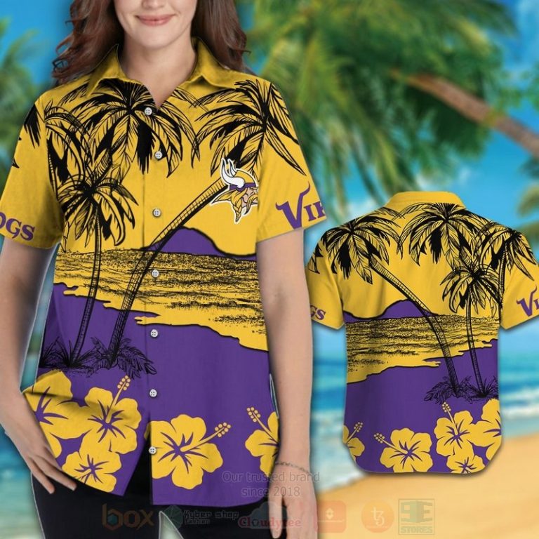 Nfl Minnesota Vikings Yellow-Purple Coconut Tree Hawaiian Shirt, Short - Hot Sale 2025