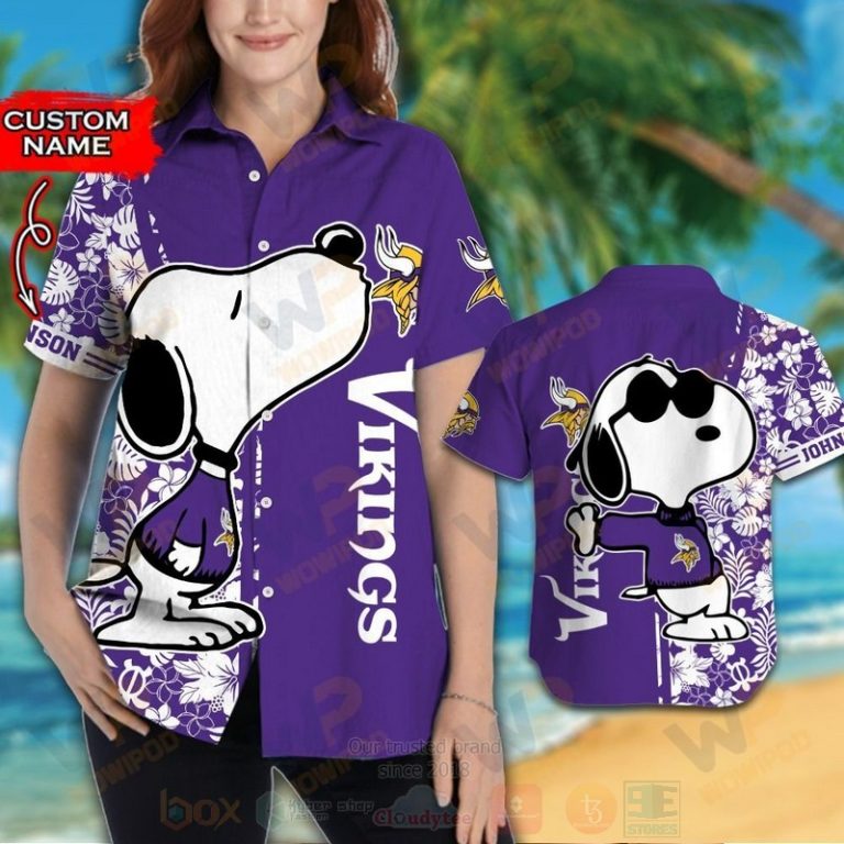 Nfl Minnesota Vikings And Snoopy Custom Name Hawaiian Shirt, Short - Hot Sale 2025