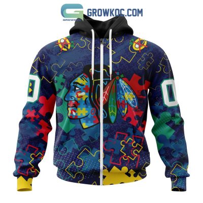 NHL Chicago BlackHawks Puzzle Fearless Against Autism Awareness Hoodie T Shirt