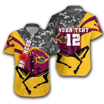 NRL Brisbane Broncos ANZAC Day Camo Custom Name Number Hawaiian Shirt