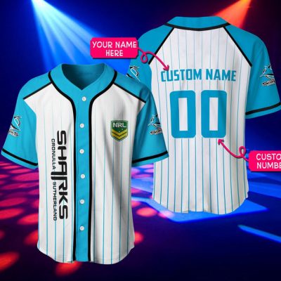 NRL Cronulla-Sutherland Sharks Blue Stripes Custom Name Number Baseball Jersey NRL Cronulla-Sutherland Sharks Blue Stripes Custom Name Number Baseball Jersey
