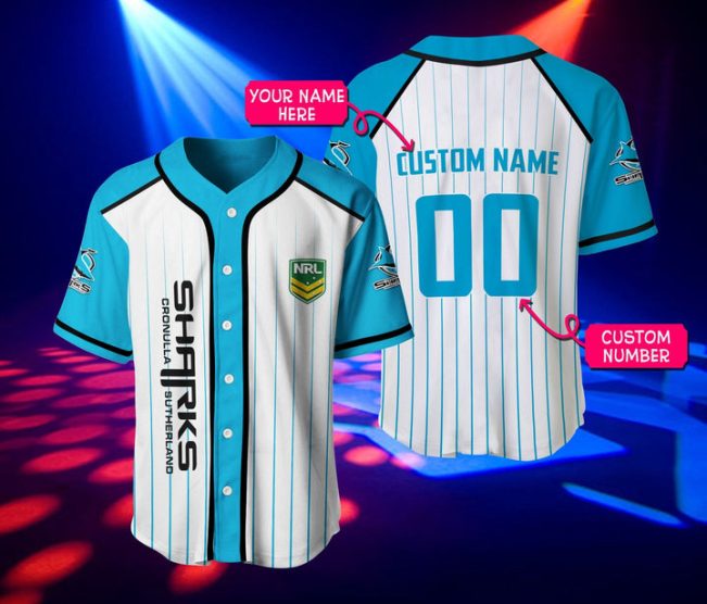 NRL Cronulla-Sutherland Sharks Blue Stripes Custom Name Number Baseball Jersey