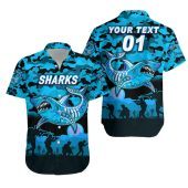NRL Cronulla-Sutherland Sharks Custom Name Number ANZAC Day Camo Hawaiian Shirt