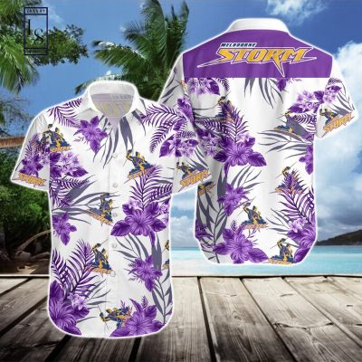 NRL Melbourne Storm White Purple Flowers Hawaiian Shirt
