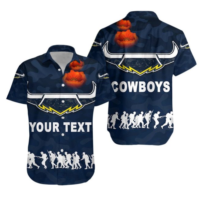 NRL North Queensland Cowboys Custom Text ANZAC Day Navy Hawaiian Shirt