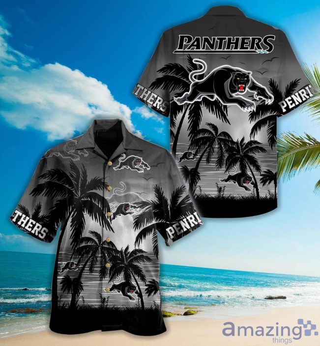 NRL Penrith Panthers Black Gray Palm Trees Hawaiian Shirt
