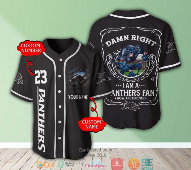 NRL Penrith Panthers Custom Name Number Black Mascot Damn Right Baseball Jersey V11