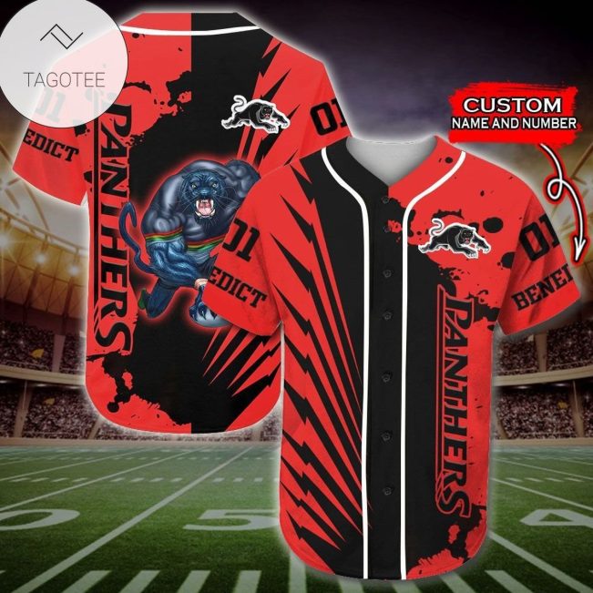 NRL Penrith Panthers Custom Name Number Red Black Mascot Baseball Jersey V10
