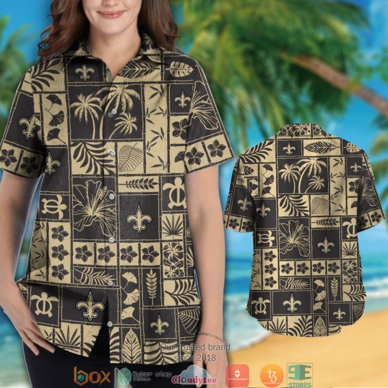 New Orleans Saints Hibiscus Coconut Ocean Square Pattern Black Hawaiian Shirt, Short - Hot Sale 2025 New Orleans Saints Hibiscus Coconut Ocean Square Pattern Black Hawaiian Shirt, Short - Hot Sale 2025