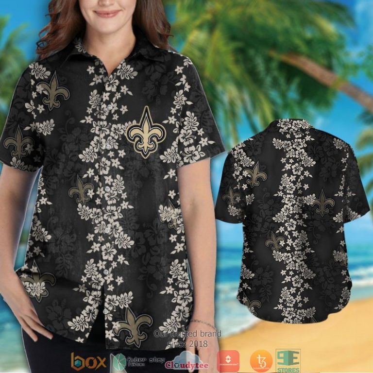 New Orleans Saints Hibiscus Flower Pattern Black Hawaiian Shirt, Short - Hot Sale 2025 New Orleans Saints Hibiscus Flower Pattern Black Hawaiian Shirt, Short - Hot Sale 2025