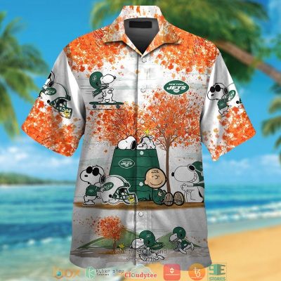 New York Jets Snoopy And Charlie Brown Autumn Hawaiian Shirt, Short - Hot Sale 2025