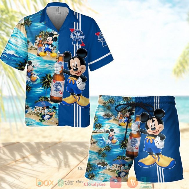 Pabst Blue Ribbon Mickey Mouse On The Beach 3D Hawaiian Shirt, Short - Hot Sale 2025