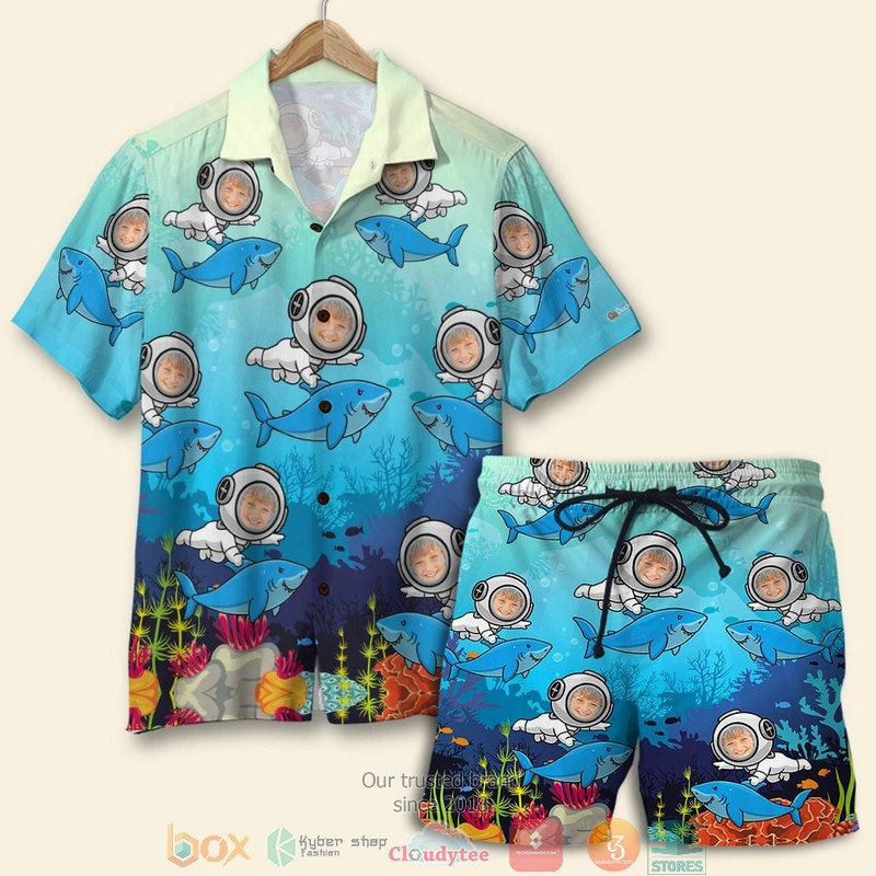 Personalized Scuba Diving Deep Blue Seas Meeting With Shark Custom Photo Hawaiian Shirt, Shorts - Hot Sale 2025