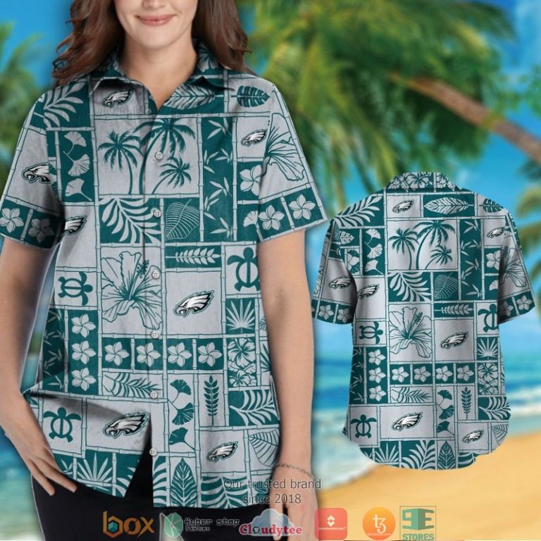 Philadelphia Eagles Hibiscus Leaf Fish Square Pattern Hawaiian Shirt, Short - Hot Sale 2025 Philadelphia Eagles Hibiscus Leaf Fish Square Pattern Hawaiian Shirt, Short - Hot Sale 2025