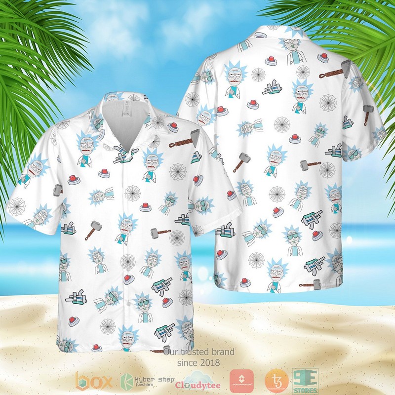 Rick And Morty Cartoon Pattern Printed White Hawaiian Shirt, Shorts - Hot Sale 2025 Rick And Morty Cartoon Pattern Printed White Hawaiian Shirt, Shorts - Hot Sale 2025