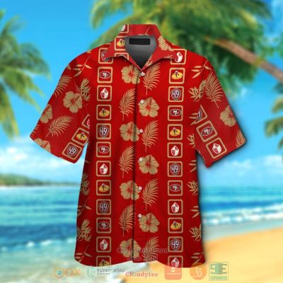 San Francisco 49Ers Logo Gold Hibiscus Red Hawaiian Shirt And Shorts - Hot Sale 2025
